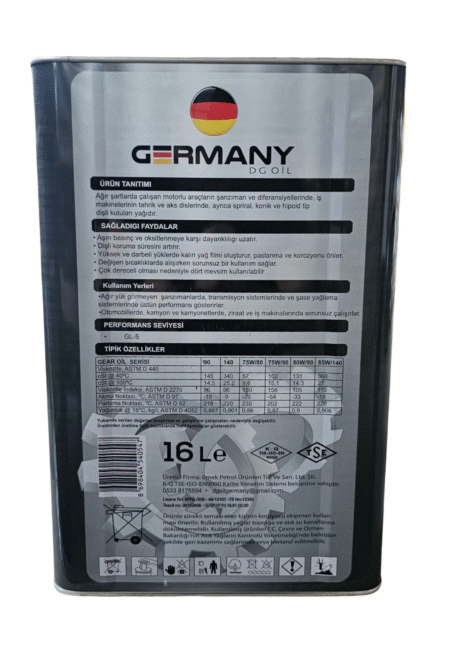 Germany DG Oil 80W-90 gear oil yüksek performanslı dişli yağı 16 litre API GL-5